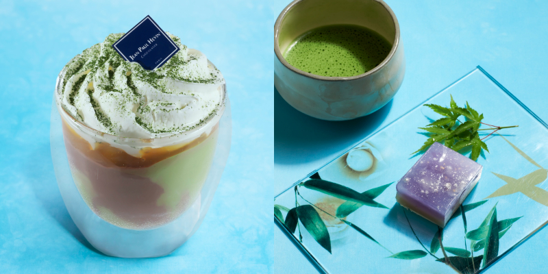 左から「ジャン=ポール・エヴァン」の「グラス ピレ オ ショコラ マッチャ パッション」1650円、「やさい家めい」の「ひんやり水羊羹セット」1500円