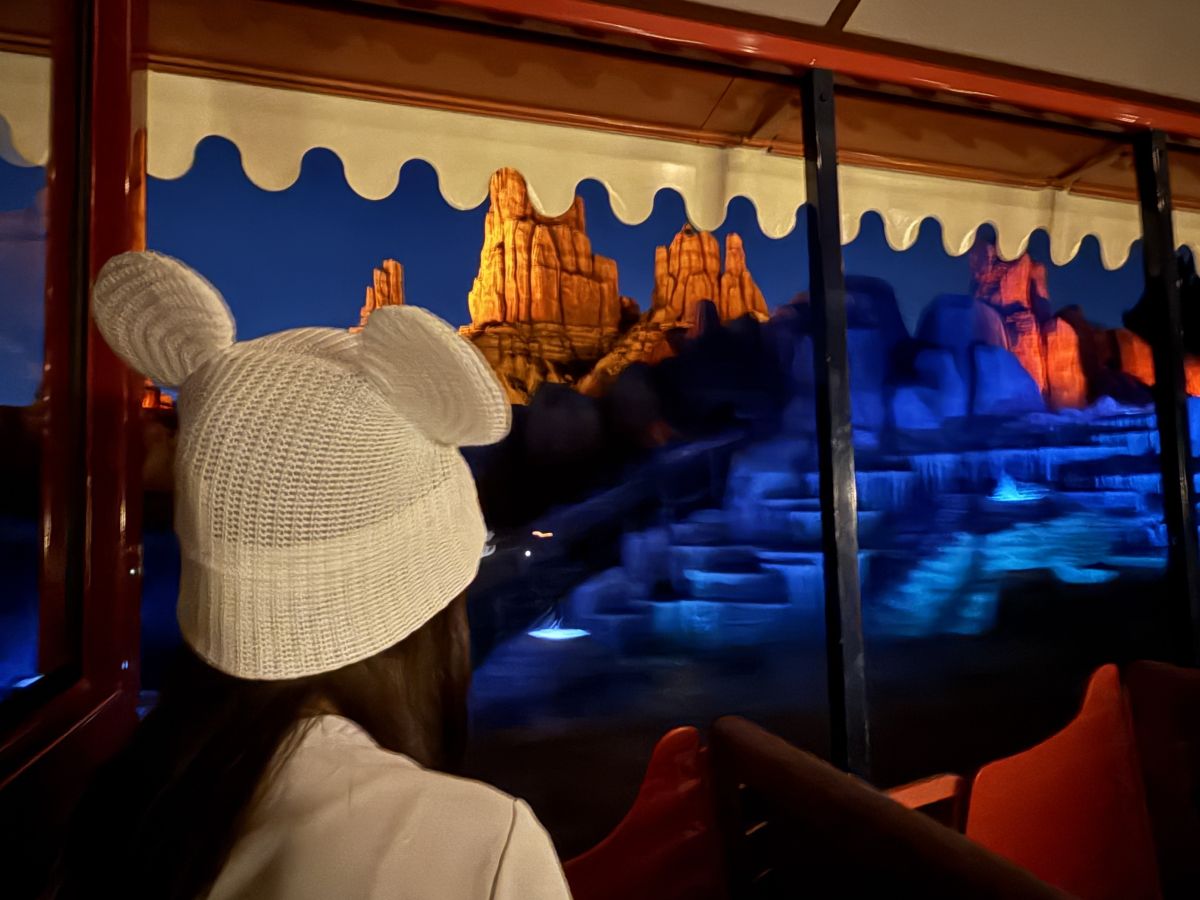 ウエスタンリバー鉄道からライトアップアップされたパーク内を見るの