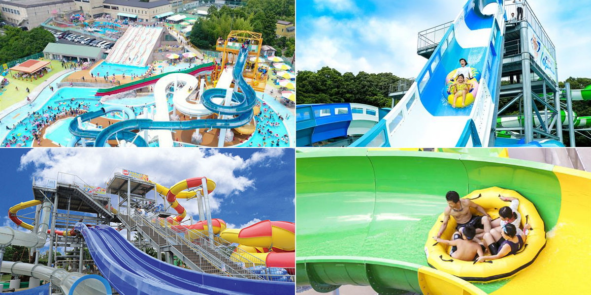 （左下から時計回りに）蓮沼ウォーターガーデン／サントピア岡山総社 レジャープールWAPS／ネスタリゾート神戸 “WATER FORT”／姫路セントラルパークアクエリア