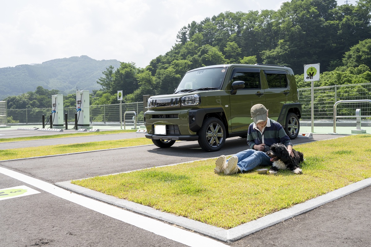 「道の駅 八千穂高原」1区画は駐車スペースと芝生からなる。ペット泊も可能