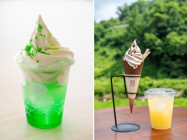 「道の駅 八千穂高原」左からモスソーダ700円、プレミアムコーヒーソフト600円、信州りんごジュース500円