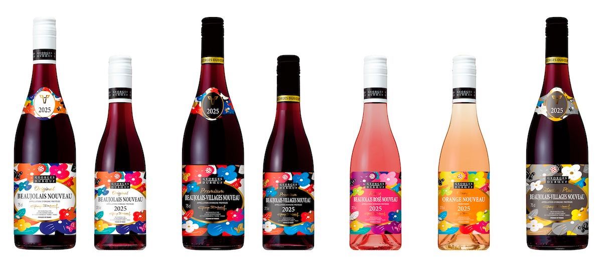 左から「ジョルジュ デュブッフ ボジョレー ヌーヴォー 2025」、「ジョルジュ デュブッフ ボジョレー・ヴィラージュ ヌーヴォー 2025」、「ジョルジュ デュブッフボジョレー ロゼ ヌーヴォー 2025 “ルーゼ”」、「ジョルジュ デュブッフ オレンジ ヌーヴォー 2025」、「ジョルジュ デュブッフ ボジョレー・ヴィラージュ ヌーヴォー セレクション プリュス 2025」