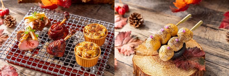 （画像左）左から「鴨肉のグリル 長ネギのブレゼ」「チキンとベーコンのBBQロリポップ」「ビーフマカロニ＆チーズ」、（画像右）「さつまいもみたらし団子」