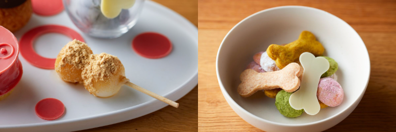 画像左「みたらし餡ときな粉のお団子」、画像右「aiboのカリカリ」