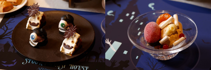 （画像左）スイーツ ※イメージ、（画像右）ガイコツのジョニーをイメージしたスペシャルディッシュ