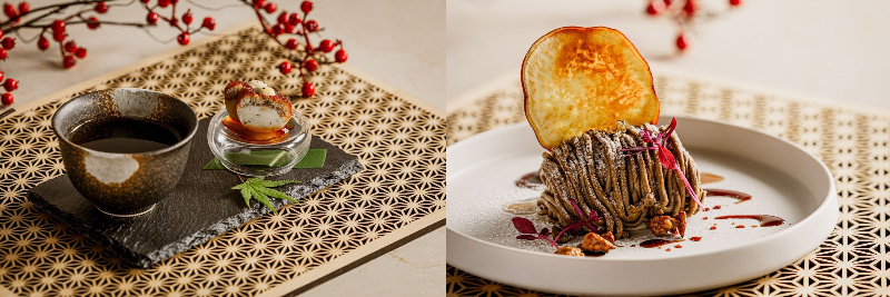 （画像左）「Amuse × Welcome Tea」（イメージ）、（画像右）「さつまいもとほうじ茶のモンブラン」