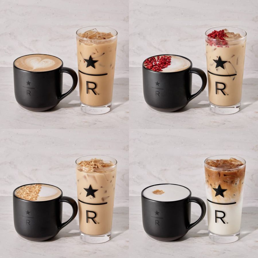 上段左から時計回りに「クラシック ダブル トール ラテ」、「ストロベリー ラベンダー ラテ」、「ショートブレッド ラテ」770円、「スターバックス リザーブ® スイート ミルク コーヒー」750円