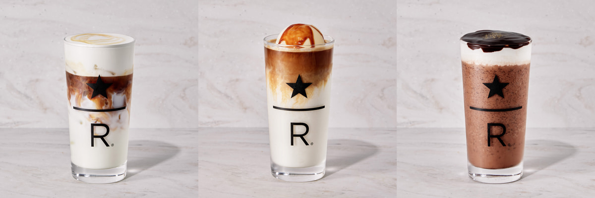 左から「シナモン ムース フォーム ハニー ラテ」820円、「スターバックス リザーブ® エスプレッソ アフォガート フラペチーノ®」、「スターバックス リザーブ® オペラ フラペチーノ®」880円