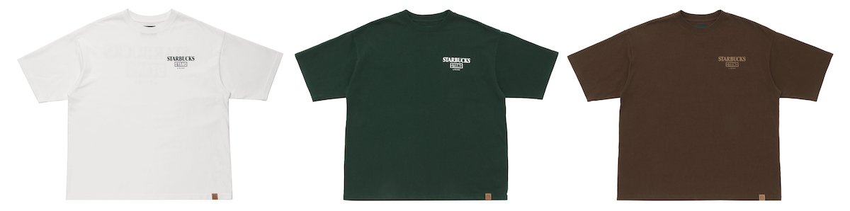 「STARBUCKS STAND by BEAMS　LOGO Tシャツ」8800円 カラー：左から ホワイト、グリーン、ブラウン サイズ：XS、S、M、L、XL