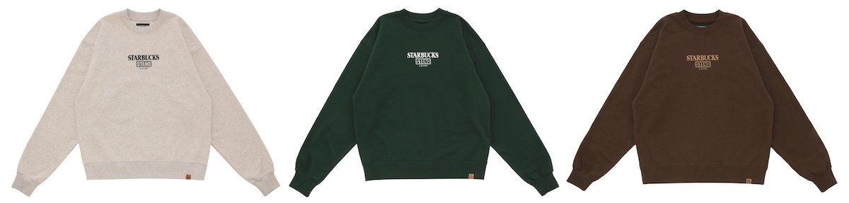 「STARBUCKS STAND by BEAMS　LOGO クルースウェット」1万7600円 カラー：左から オートミール、グリーン、ブラウン サイズ：XS、S、M、L、XL