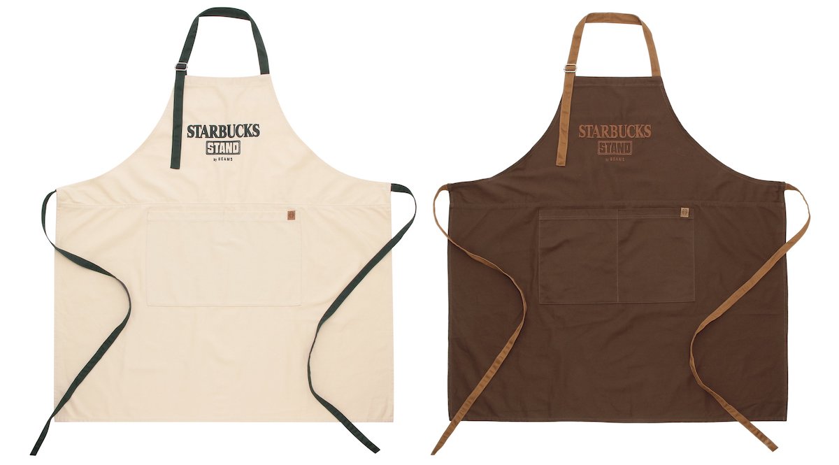 「STARBUCKS STAND by BEAMS　LOGO ユーティリティ エプロン」6600円 カラー：左から オフホワイト、ブラウン サイズ：ONE SIZE