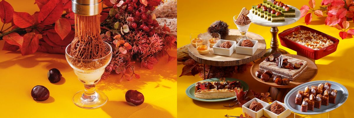 （画像左）目の前でしぼって提供するモンブランパフェ、（画像右）秋の味覚「栗」をアレンジしたスイーツ