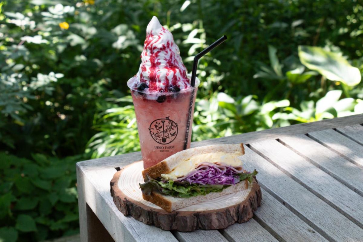 『ベリーフロート』750円（奥）『ハムとたまごサラダのサンド』500円（手前）