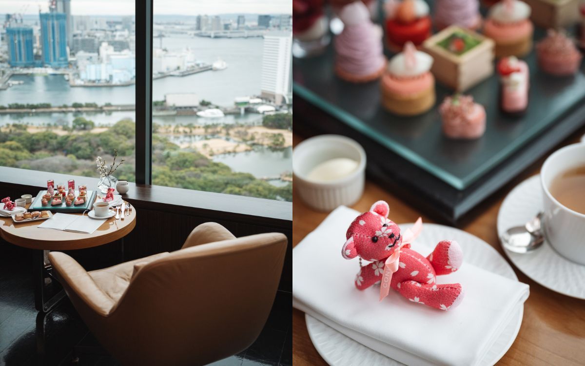 バー＆ラウンジ「トゥエンティエイト」からの眺め（左）とアフタヌーンティーメニュー（右）  