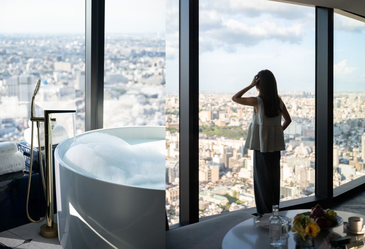 ジュニアコーナースイートキングのビューバス（左）都心のパノラマビューが楽しめる（右）