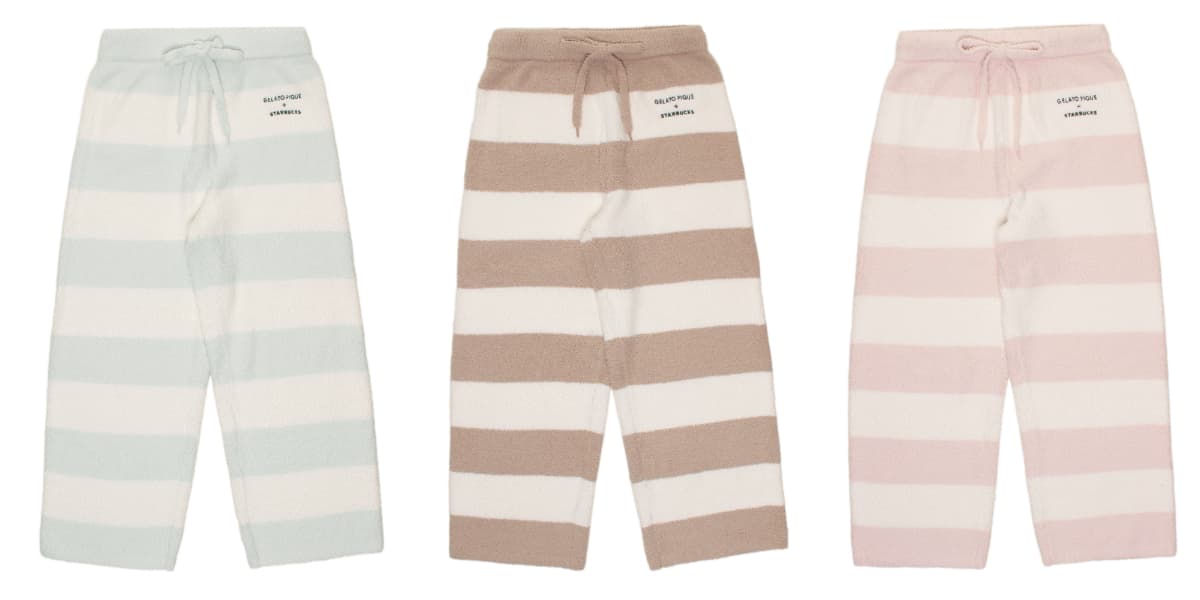 「gelato pique パウダーベア刺繍ボーダーロングパンツ ミントグリーン」 「gelato pique パウダーベア刺繍ボーダーロングパンツ モカベージュ」 「gelato pique パウダーベア刺繍ボーダーロングパンツ ソフトピンク」　 各9900円