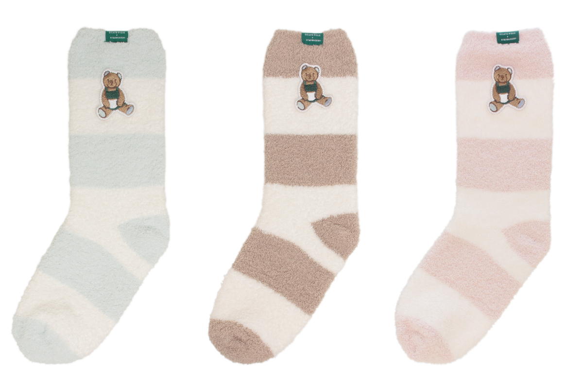 「gelato pique パウダーベア刺繍ボーダーソックス ミントグリーン」 「gelato pique パウダーベア刺繍ボーダーソックス モカベージュ」 「gelato pique パウダーベア刺繍ボーダーソックス ソフトピンク」　 各3900円