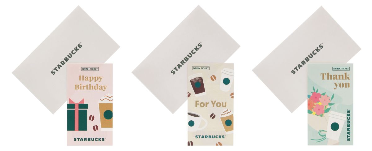 （左から）「ビバレッジギフトミニカード Happy Birthday / For You / Thank You」 550円 【ドリンク引き換え有効期間】2025年10月10日（金）〜2026年4月5日（日） 【ドリンク交換チケット】 500円（店内利用）、491円（持ち帰り）までのドリンクと交換可能