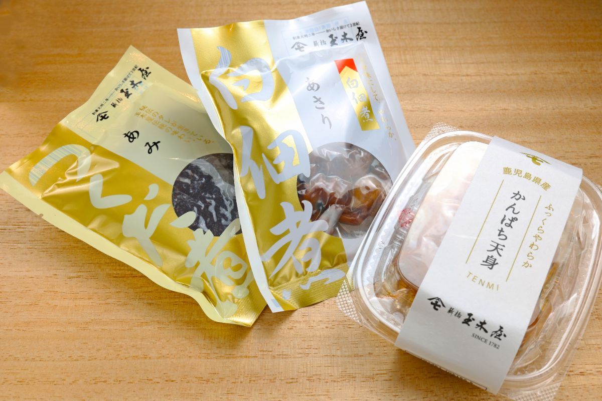 佃煮「あみ」、白佃煮「あさり」、「かんぱち天身」