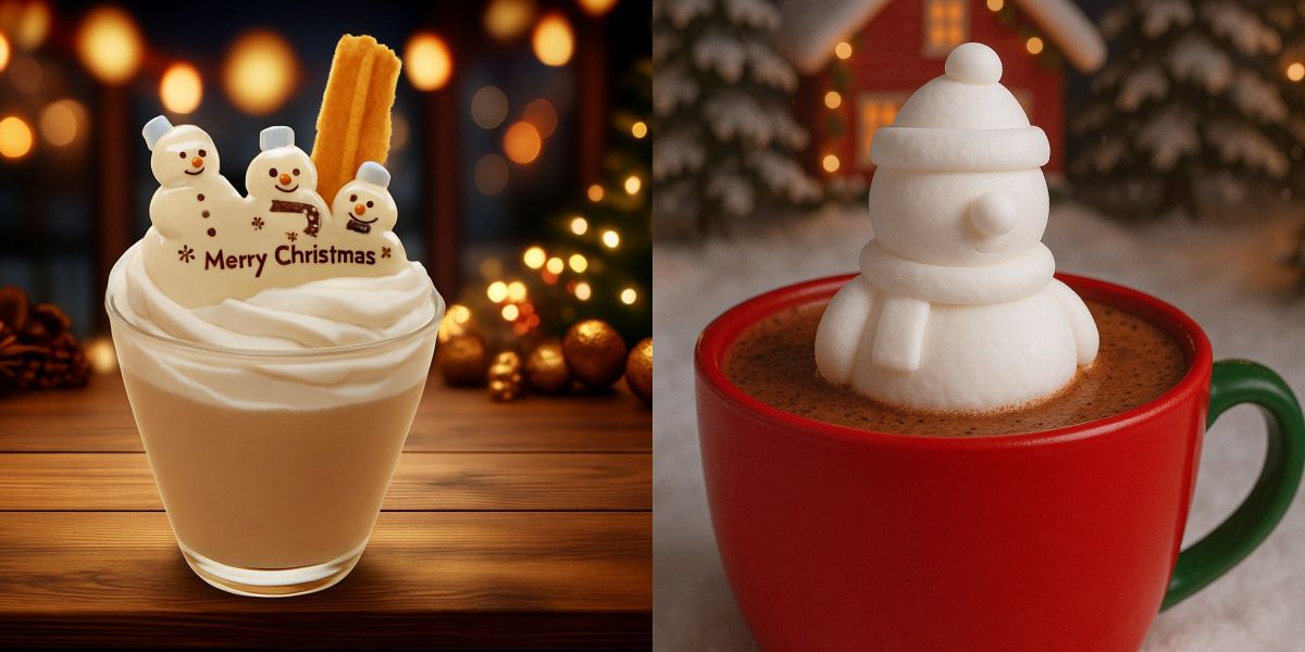 「煙突チュロスと雪だるまのホットチョコレート」1日300杯限定（画像左）もちもち雪だるまととろとろチーズソーセージグラタン「お風呂ココア」1日30杯限定（画像右）