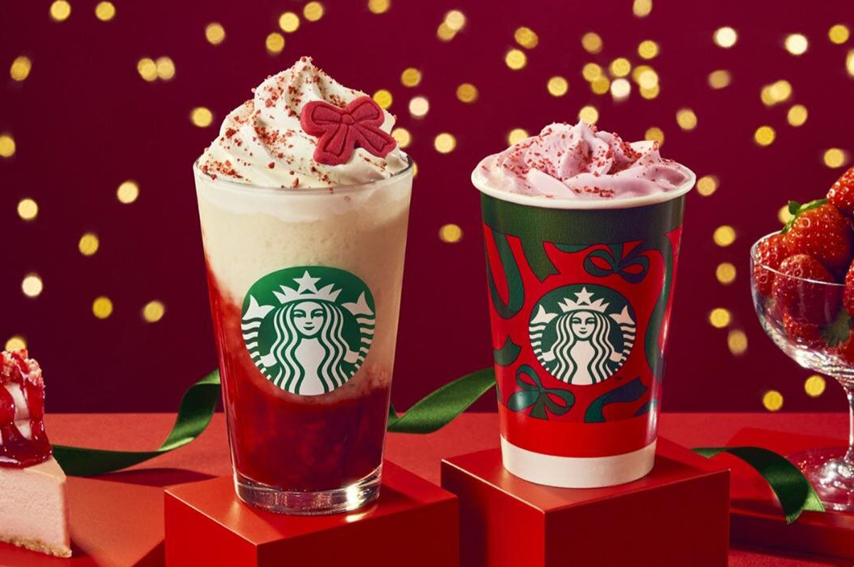 左から「ほうじ茶香る 焼き芋 ムース ティー ラテ」、「チョコレート ムース ラテ」2