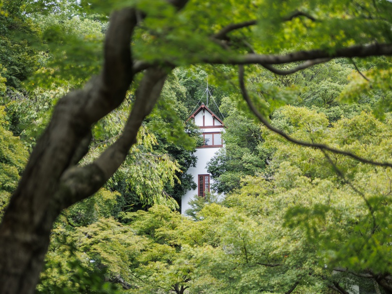山荘の奥にそびえる栖霞楼（せいかろう）。加賀はこの木造3階建ての物見塔で建築の指揮を執ったという（登録有形文化財）