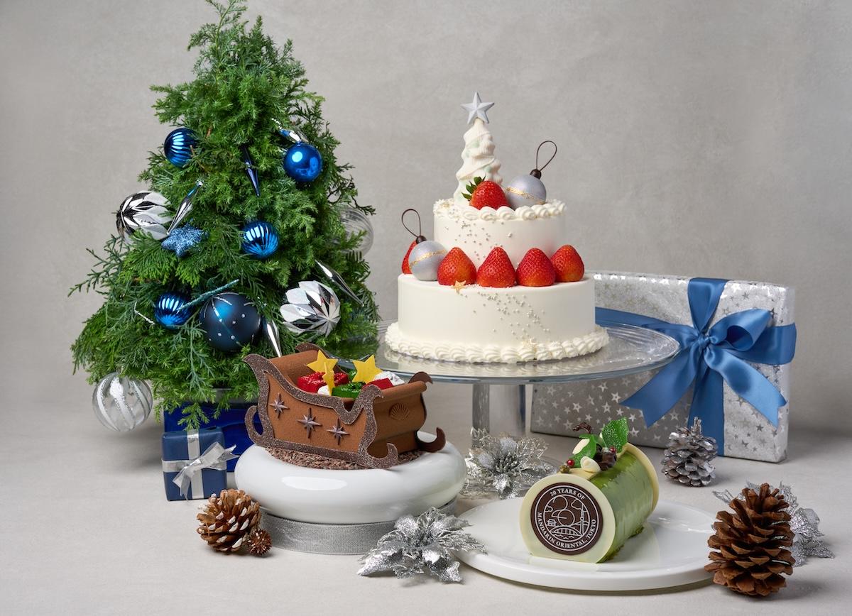 「クリスマススレイ」長さ16cm&times;幅7cm&times;高さ8.5cm  19440円 ※限定50台、「千疋屋クイーンストロベリー プレミアムショートケーキ」1段目直径18cm、2段目直径12cm 38880円 ※限定50台、「ピスタチオ ブッシュ・ド・ノエル」長さ12cm&times;幅7.5cm&times;高さ8cm 7344円