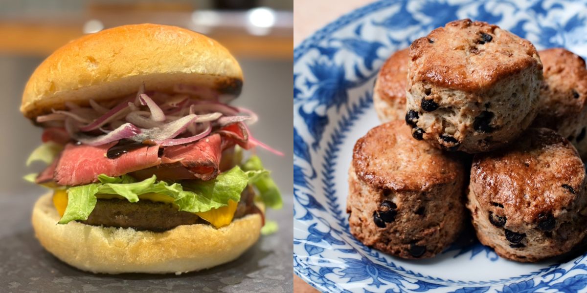 「深川ローストビーフバーガー／深川ビーフダイニングたかばし路」写真左「スコーン／ムジナの庭」写真右