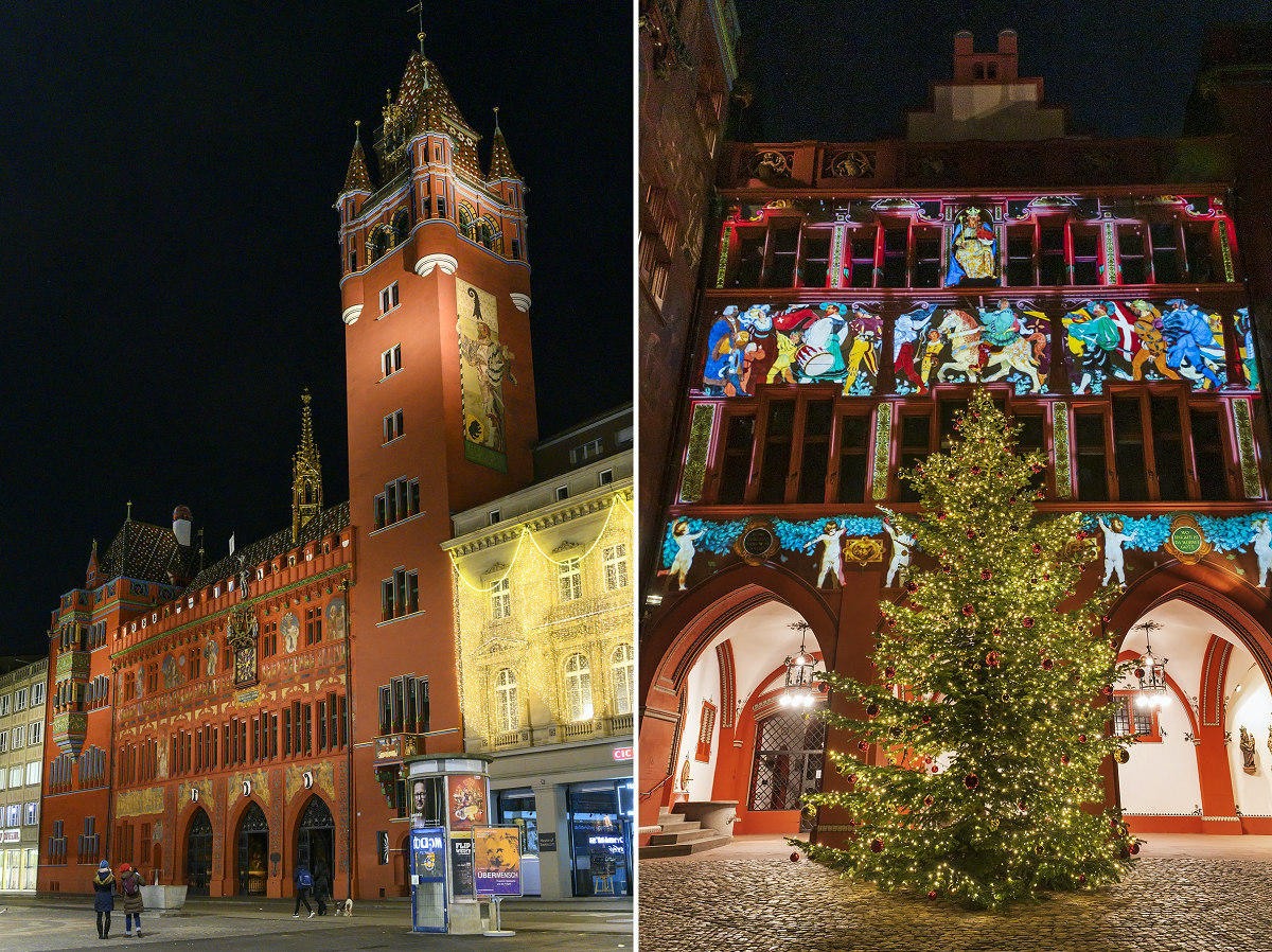 左：バーゼル市庁舎外観　右：プロジェクションマッピングで彩られる中庭