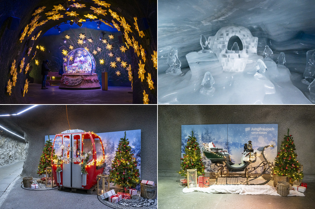 ユングフラウヨッホ トップ オブ ヨーロッパ内。上左：エーデルワイスのライトが可愛いアルパイン・センセーション入口。上右：マイナス3℃のアイス・パレスに飾られる氷の彫刻。下：クリスマスらしいフォトスポット