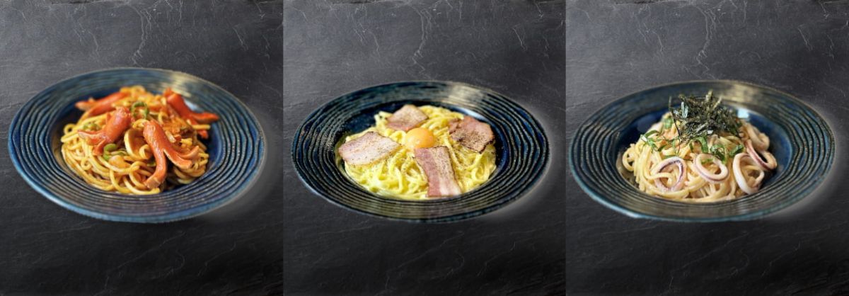 左から「昭和のナポリタン」880円、「炙りベーコンのカルボナーラ」1078円、「明太バター」968円