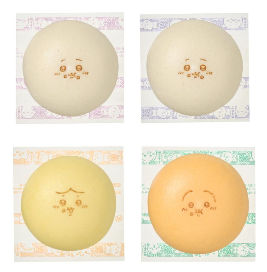 左上から時計回りに「ちいかわのごまあんまん」「ちいかわのつぶあんまん」「うさぎのピザまん」「ハチワレのカレーまん」