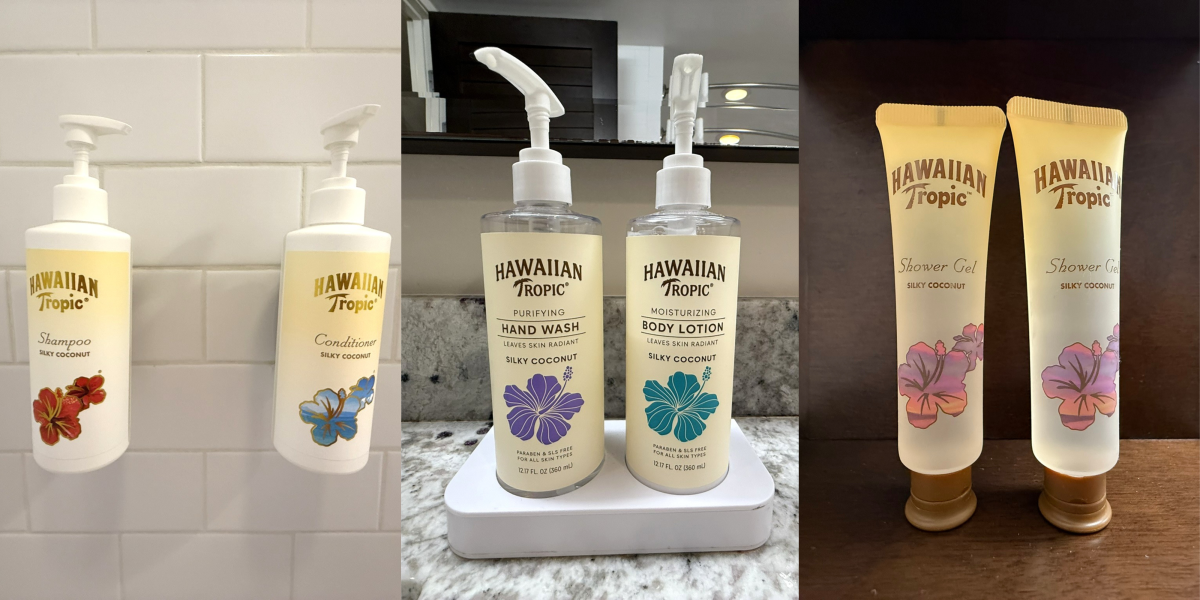 左）シャワールームにはシャンプー、コンディショナーが備え付き　中央）ハンドソープ、ボディーローション　右）シャワージェル