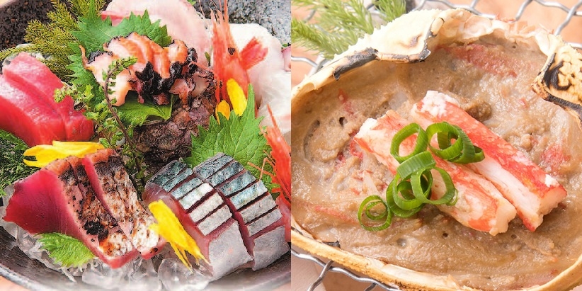 「どらばち盛り」（八種）1800円（左）／「蟹味噌甲羅七輪焼き」780円（右）