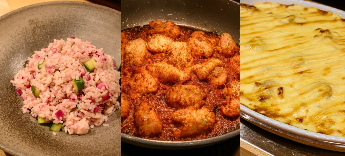 左から「すしこ」、「鶏肉のディアボロ」、「貝焼きドリア」