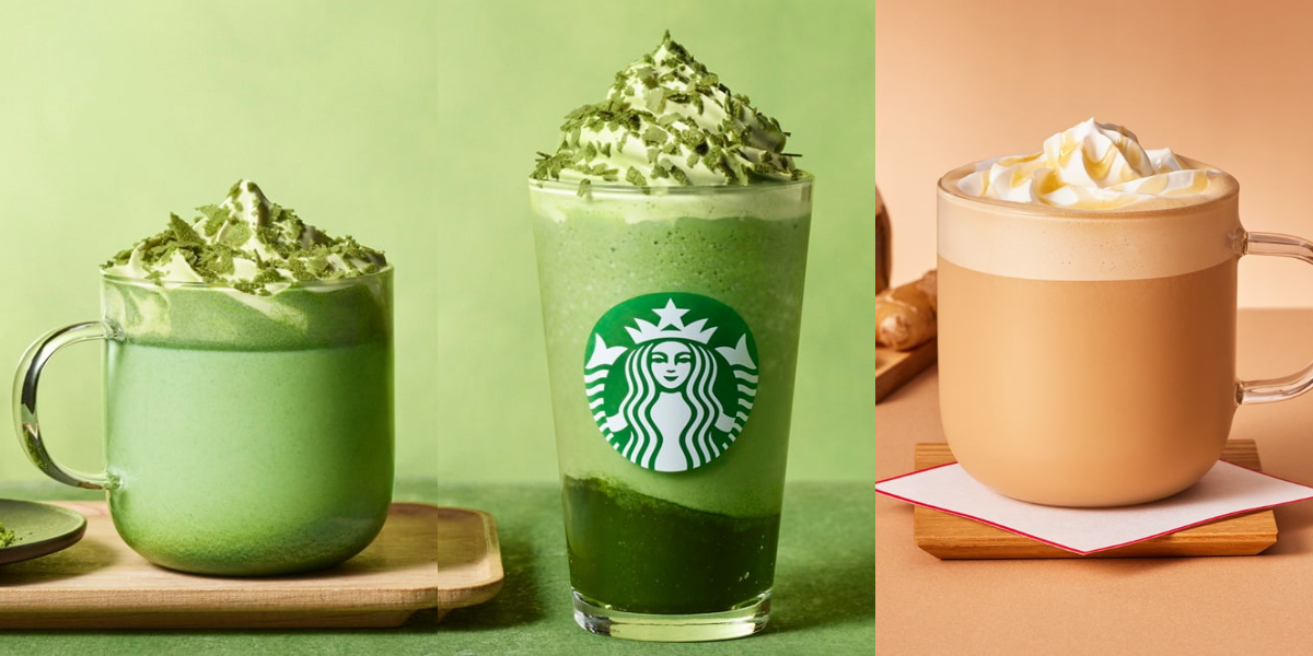 左から、「玉露抹茶 ラテ」、「玉露抹茶 フラペチーノ&reg;」、「はちみつ生姜 米糀ミルク ラテ」