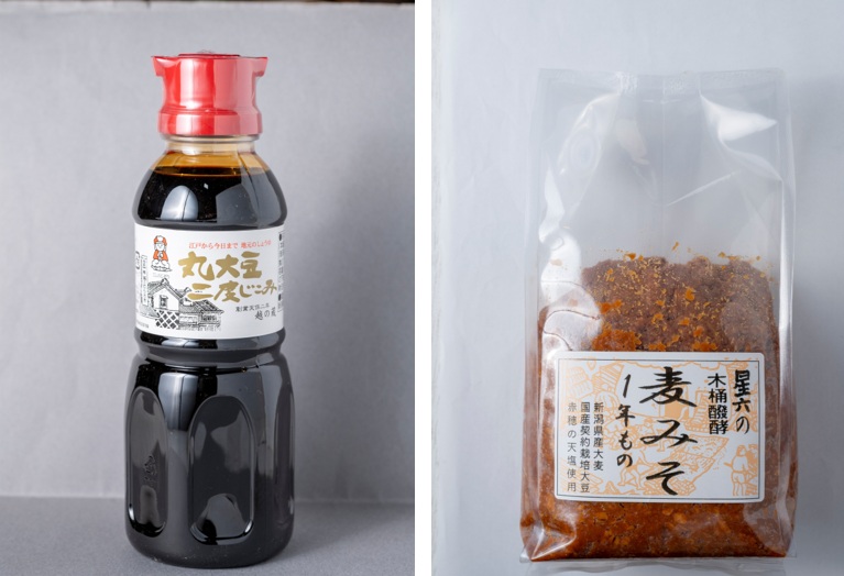 「越のむらさき」の丸大豆二度仕込み 410 円(左）、「星六味噌」の木桶醗酵麦みそ500g820 円(右)