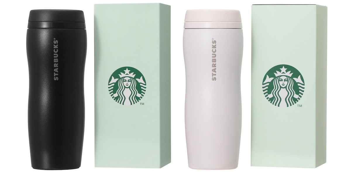 （左から）「ギフトボックス入りカーヴドリサイクルステンレスボトルマット ブラック/ ピンクベージュ」355ml 各5200円