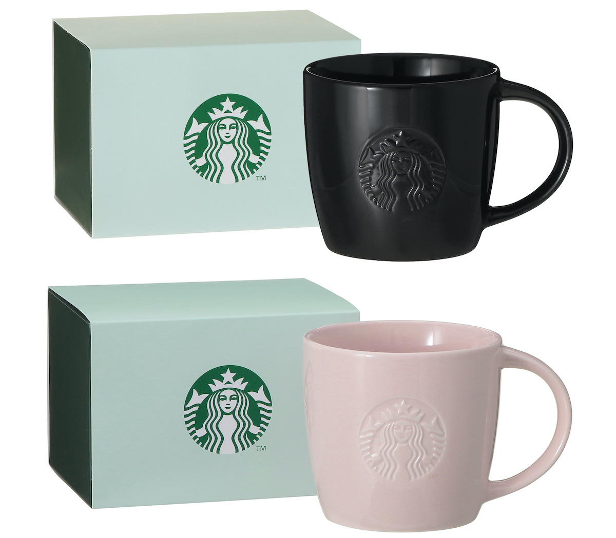 （上段）「ギフトボックス入りロゴマグ ブラック」355ml 2400円 （下段）「ギフトボックス入りロゴマグ ピンクベージュ」355ml 2400円