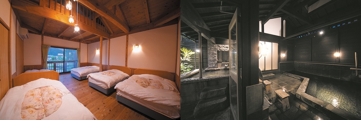 離れ「夢舎（ゆめや）」は最大12人宿泊可能（左）／予約制貸切露天風呂「陽（ひなた）の湯」（右）