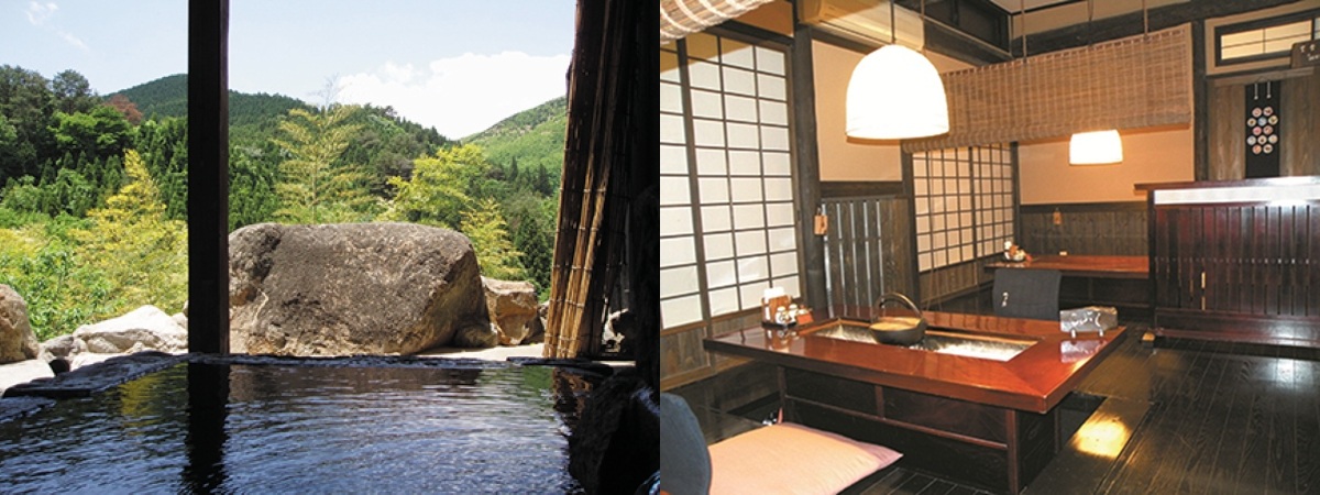 貸切風呂のひとつ「やまそわの湯」は寝湯付き（左）／囲炉裏端での食事も楽しみ（右）
