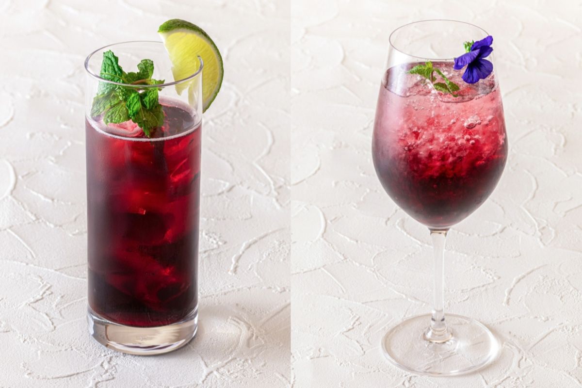 ハスカップを使用した カクテル紫雫（左）モクテル（紫霧）