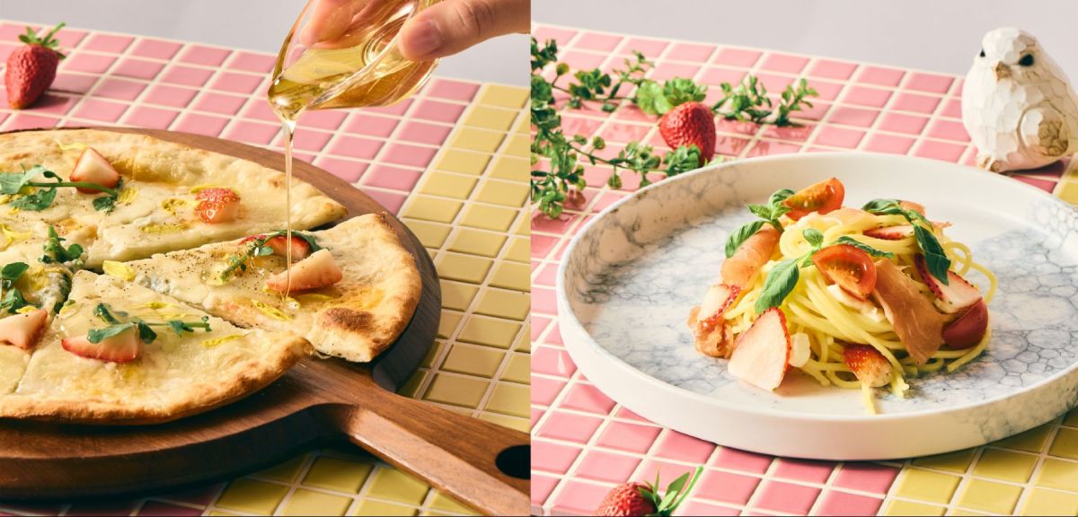 （左）「いちごのクアトロフォルマッジ　蜂蜜添え」（右）「いちごと生ハムの温製カプレーゼ風パスタ」