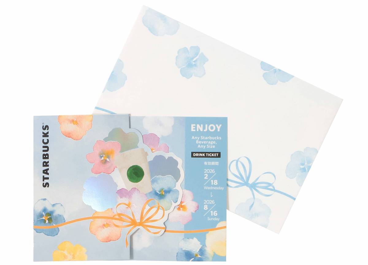 「SAKURA2026 ビバレッジカードギフト（ドリンクチケット付）」750円 【ドリンク引き換え有効期間】2026年2月18日（水）〜2026年8月16日（日） 【ドリンク交換チケット】 700円（店内利用）、687円（持ち帰り）までのドリンクと交換可能