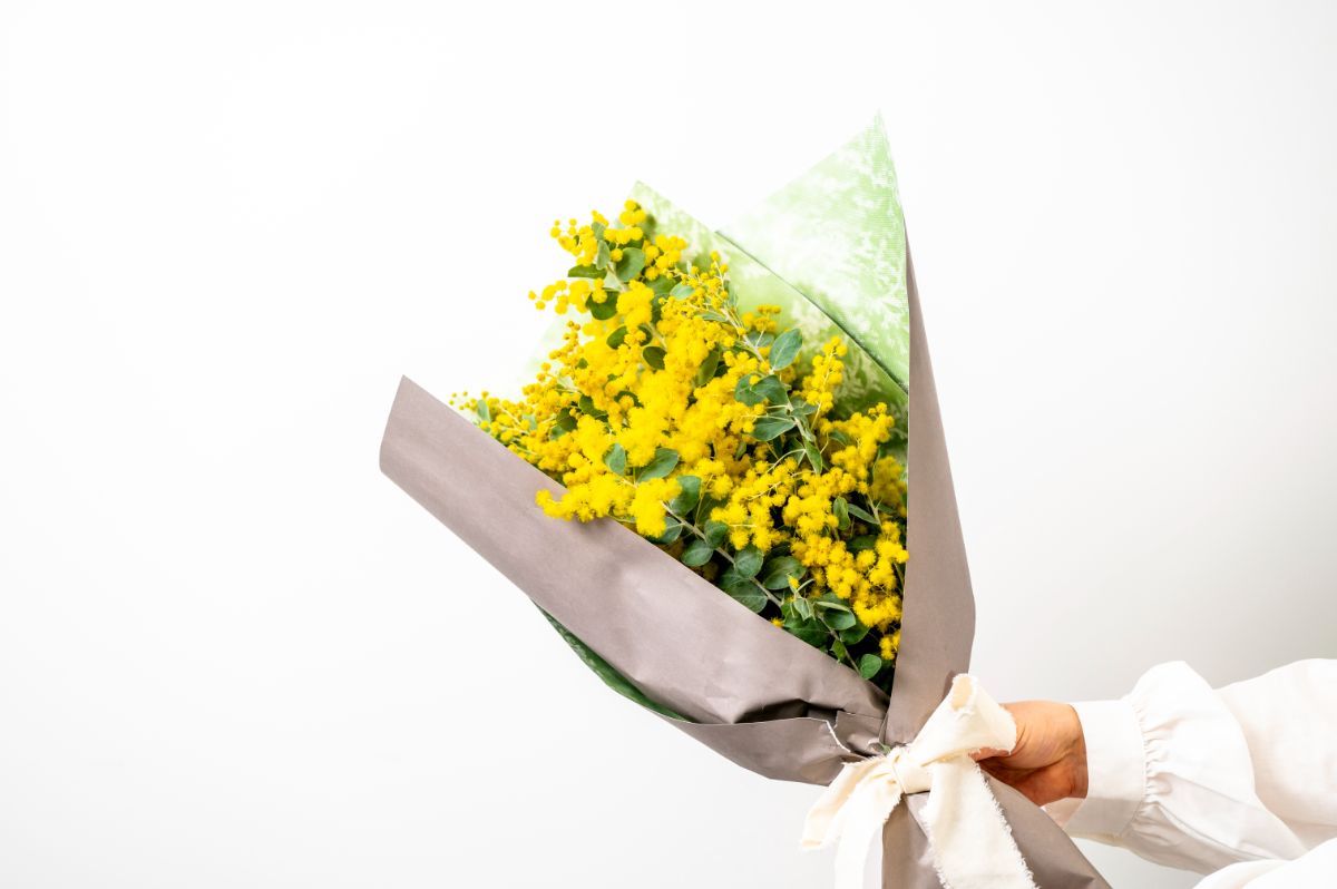 福寿さんのおすすめ、ローランズのミモザオンリーの花束5500円。