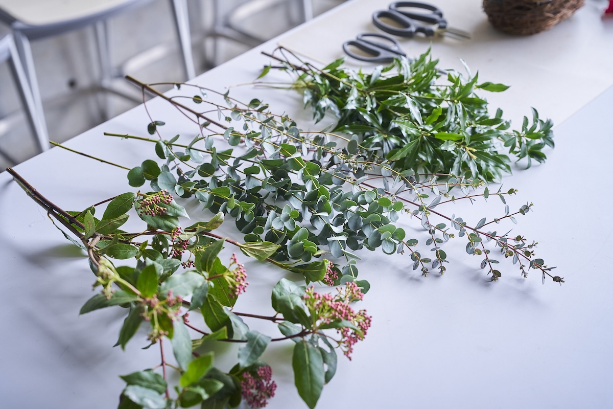 グリーンとして使用した花材。左から、ビバーナム、ユーカリ（バロンフルール）、グニユーカリ、アセビ