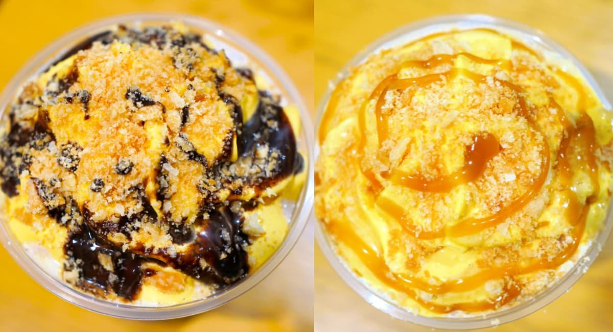 「シュークリーム フラペチーノ&reg;」写真・左から カスタマイズ：チョコレートソース、キャラメルソース＆ハチミツ