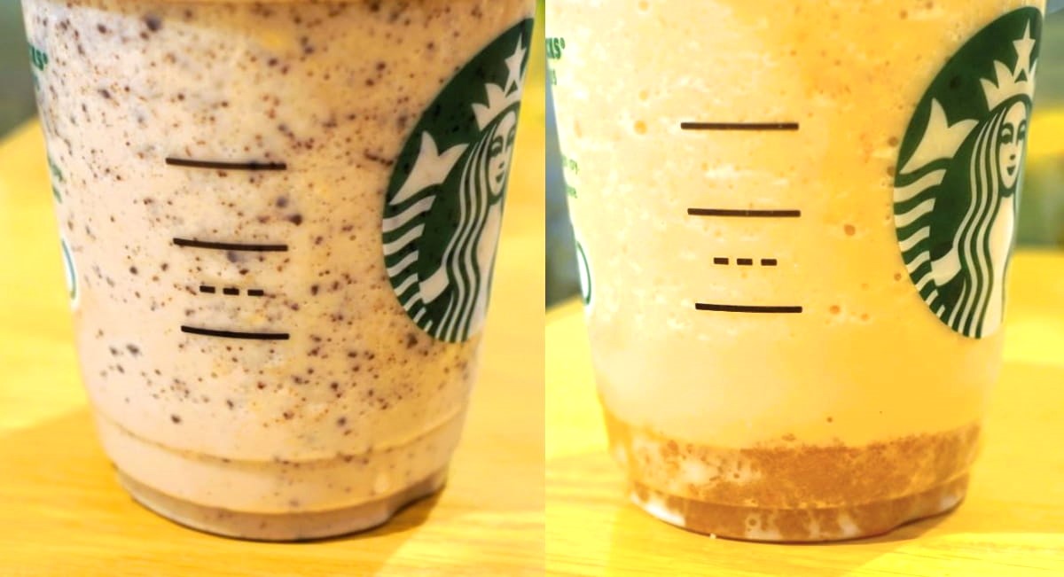 「シュークリーム フラペチーノ&reg;」写真・左から カスタマイズ：チョコレートチップ追加＋アーモンドミルク変更、シトラス果肉追加＋無脂肪乳変更