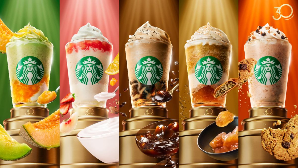 左から「THE フラペチーノ&reg; of メロン of メロン」、 「THE フラペチーノ&reg; of フルーツ-オン-トップ-ヨーグルト with クラッシュ ナッツ」、 「THE フラペチーノ&reg; of コーヒー ジェリー」、 「THE フラペチーノ&reg; of 加賀 棒ほうじ茶」、 「THE フラペチーノ&reg; of チャンキー クッキー」