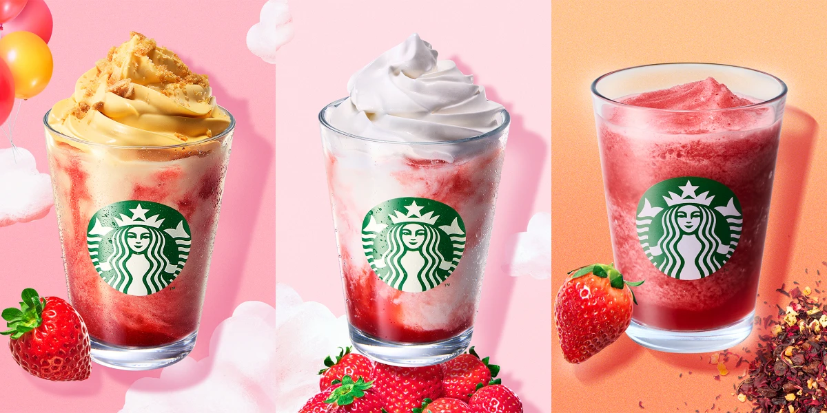 左から「ストロベリー シュークリーム フラペチーノ&reg;」717円（持ち帰り）、730円（店内利用）、「スターバックス ストロベリー フラペチーノ&reg;」678円（持ち帰り）、690円（店内利用）、「ストロベリー＆パッション ソルベ ティー」628円（持ち帰り）、640円（店内利用）